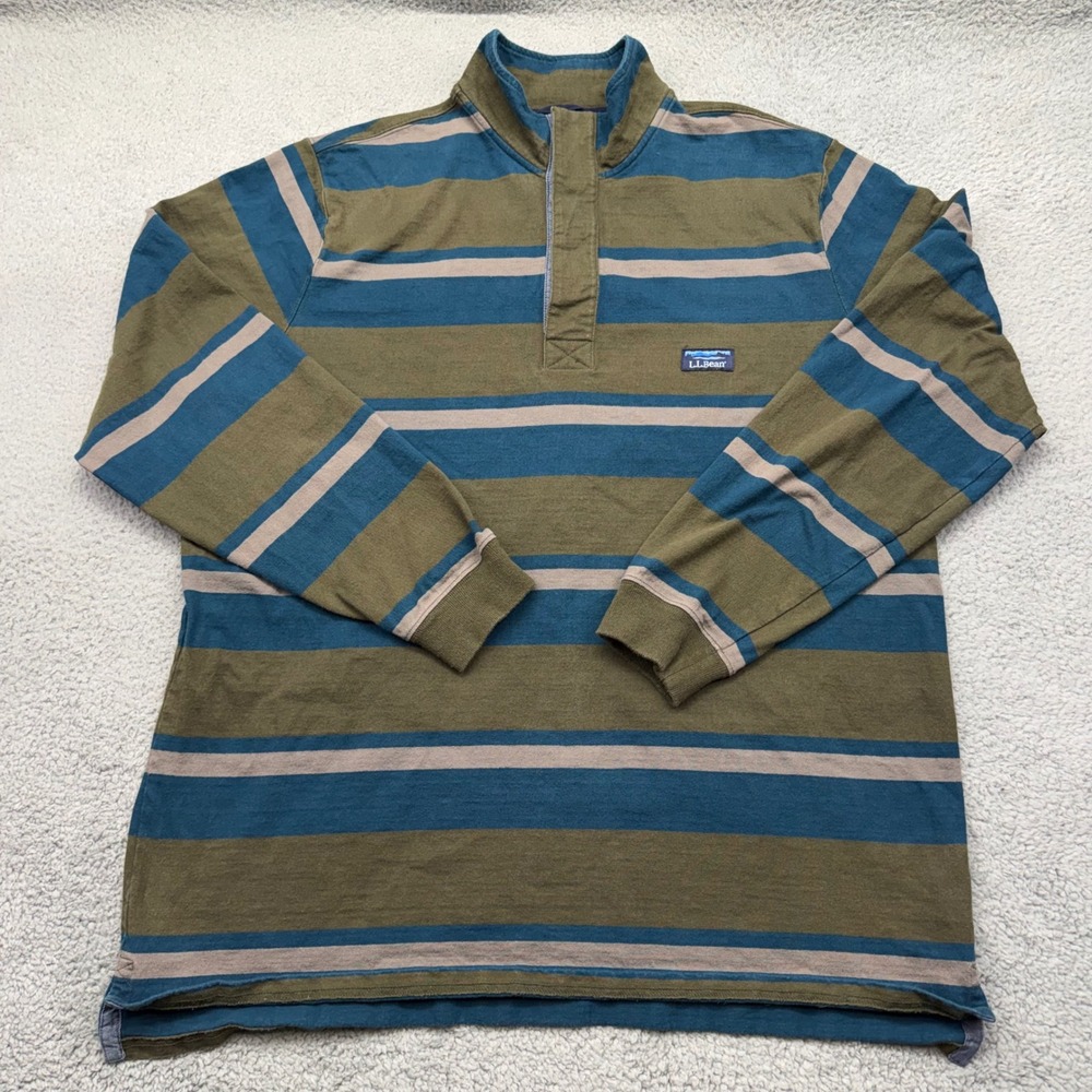 LL Bean 508237 Mens Size XL Tall Striped L/S 100% Cotton Green Blue Polo Shirt